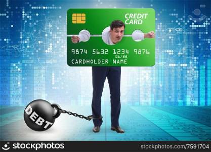 The businessman in credit card burden concept in pillory. Businessman in credit card burden concept in pillory