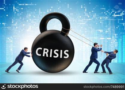 The businessman in crisis concept pulling kettlebell. Businessman in crisis concept pulling kettlebell