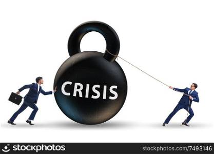 The businessman in crisis concept pulling kettlebell. Businessman in crisis concept pulling kettlebell
