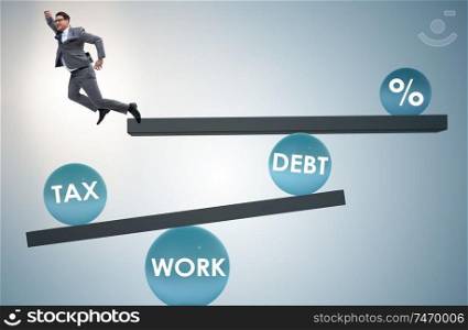 The businessman in debt and tax business concept. Businessman in debt and tax business concept