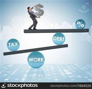 The businessman in debt and tax business concept. Businessman in debt and tax business concept