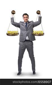 The businessman in profit benefit balance concept. Businessman in profit benefit balance concept. The businessman in profit benefit balance concept