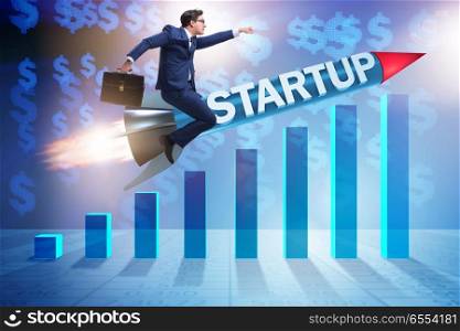 The businessman in start-up concept flying on rocket. Businessman in start-up concept flying on rocket. The businessman in start-up concept flying on rocket