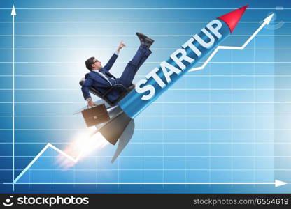 The businessman in start-up concept flying on rocket. Businessman in start-up concept flying on rocket. The businessman in start-up concept flying on rocket