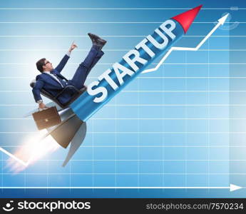 The businessman in start-up concept flying on rocket. Businessman in start-up concept flying on rocket