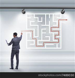 The businessman is looking for ways to escape from maze labyrinth. Businessman is looking for ways to escape from maze labyrinth