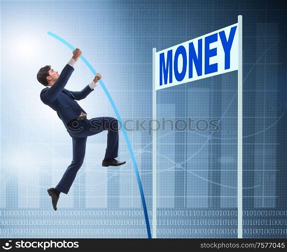 The businessman jumping over money in business concept. Businessman jumping over money in business concept