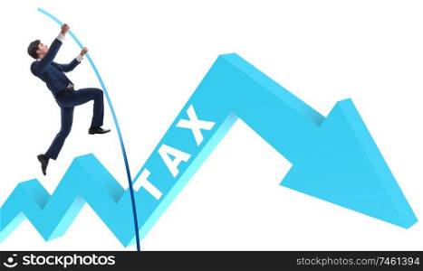 The businessman jumping over tax in tax evasion avoidance concept. Businessman jumping over tax in tax evasion avoidance concept