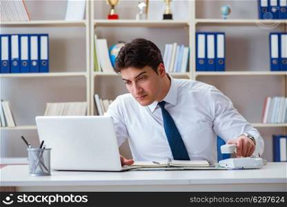 The businessman operator agent working in the office. Businessman operator agent working in the office