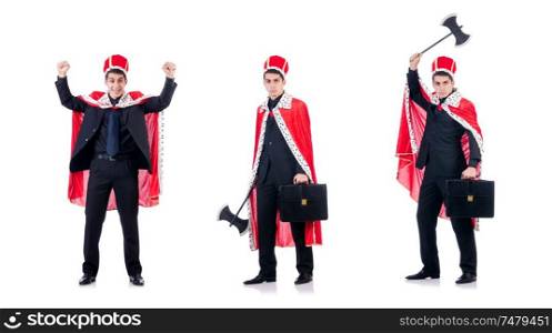 The businessman playing king isolated on white. Businessman playing king isolated on white