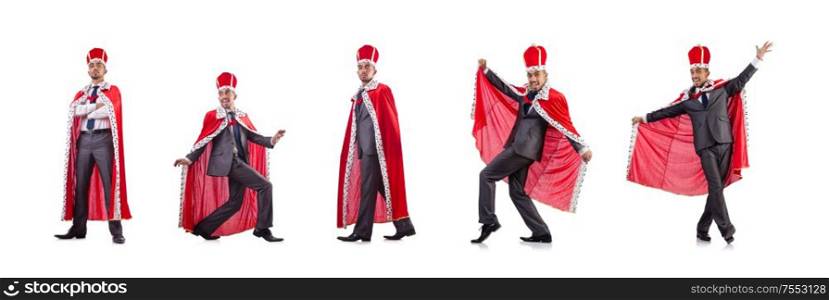 The businessman playing king isolated on white. Businessman playing king isolated on white