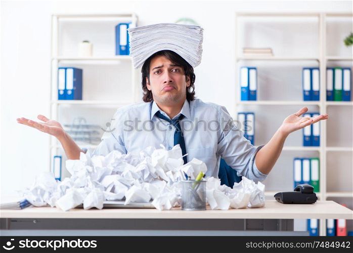 The businessman rejecting new ideas with lots of papers. Businessman rejecting new ideas with lots of papers