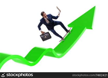 The businessman riding skateboard on financial graph. Businessman riding skateboard on financial graph