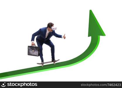 The businessman riding skateboard on financial graph. Businessman riding skateboard on financial graph