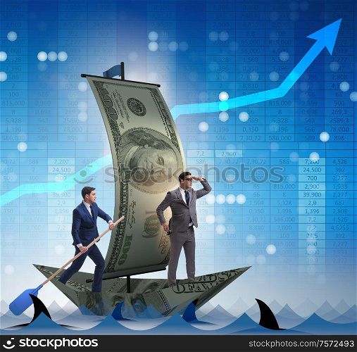 The businessman rowing on dollar boat in business financial concept. Businessman rowing on dollar boat in business financial concept