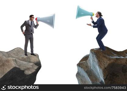 The businessman shouting with loudspeaker at each other. Businessman shouting with loudspeaker at each other