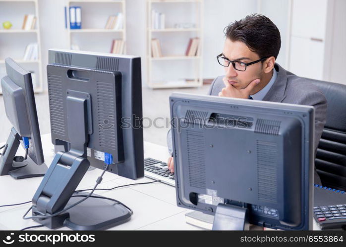 The businessman sitting in front of many screens. Businessman sitting in front of many screens