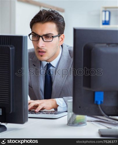 The businessman sitting in front of many screens. Businessman sitting in front of many screens