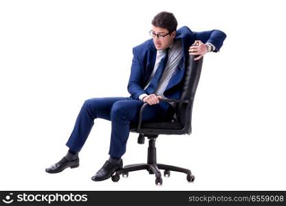 The businessman sitting on office chair isolated on white. Businessman sitting on office chair isolated on white