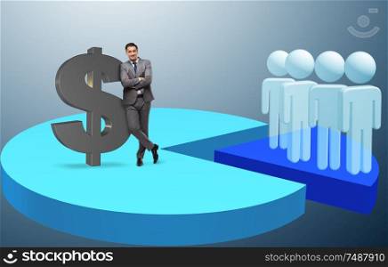 The businessman standing on pie chart in business concept. Businessman standing on pie chart in business concept