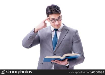 The businessman student reading a book isolated on white background. Businessman student reading a book isolated on white background