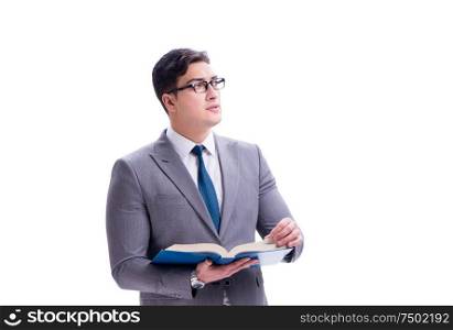 The businessman student reading a book isolated on white background. Businessman student reading a book isolated on white background