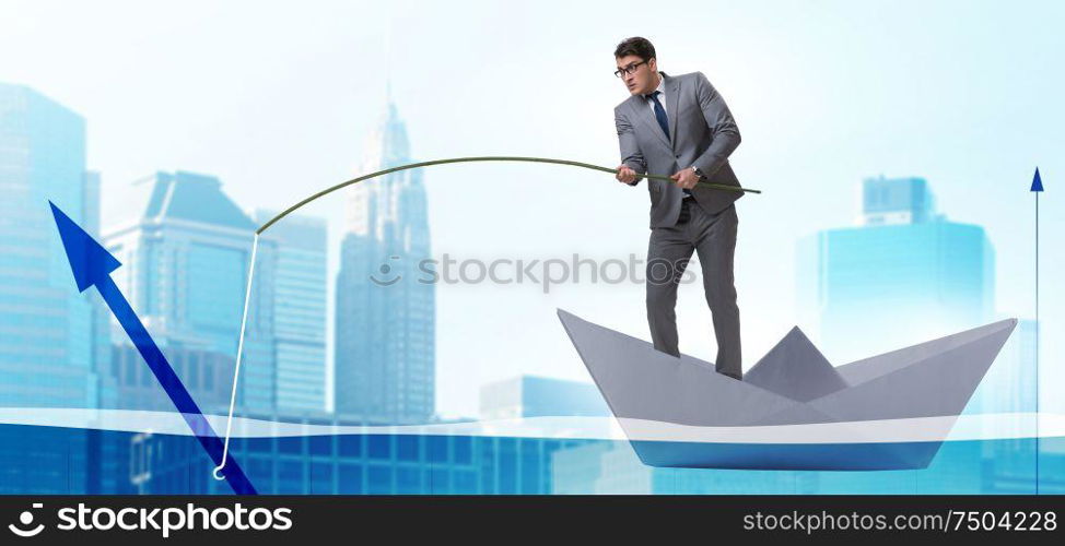 The businessman supporting economic growth with fishing rod. Businessman supporting economic growth with fishing rod