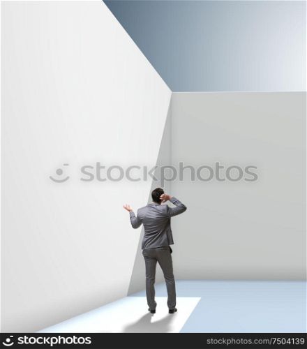 The businessman trying to escape from difficult situation. Businessman trying to escape from difficult situation