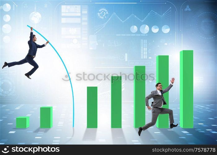 The businessman vault jumping over bar charts. Businessman vault jumping over bar charts