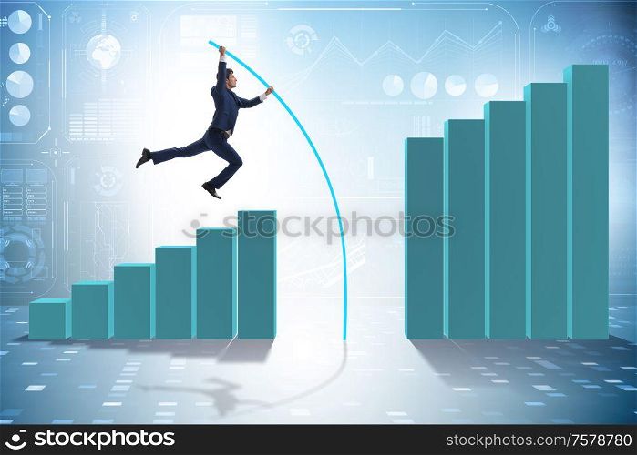 The businessman vault jumping over bar charts. Businessman vault jumping over bar charts