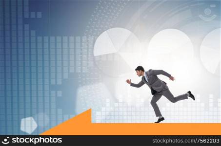 The businessman walking on arrow in business concept. Businessman walking on arrow in business concept