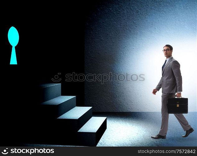 The businessman walking towards keyhole in challenge concept. Businessman walking towards keyhole in challenge concept