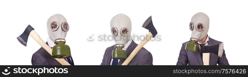 The businessman wearing gas mask isolated on white. Businessman wearing gas mask isolated on white