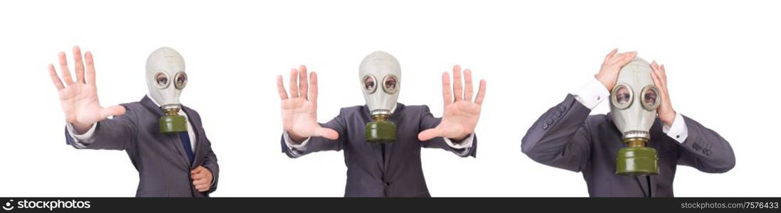 The businessman wearing gas mask isolated on white. Businessman wearing gas mask isolated on white