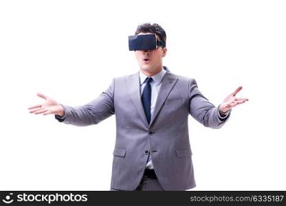 The businessman wearing virtual reality vr glasses isolated on white. Businessman wearing virtual reality VR glasses isolated on white
