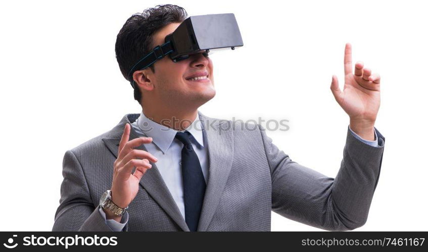 The businessman wearing virtual reality vr glasses isolated on white. Businessman wearing virtual reality VR glasses isolated on white