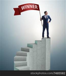 The businessman winner on top of staircase. Businessman winner on top of staircase