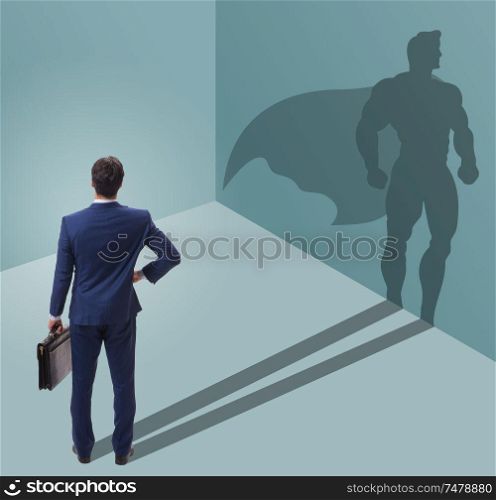 The businessman with aspiration of becoming superhero. Businessman with aspiration of becoming superhero