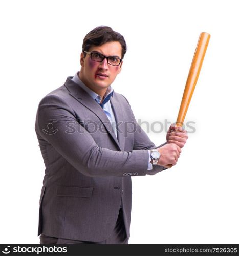 The businessman with baseball bat isolated on white. Businessman with baseball bat isolated on white