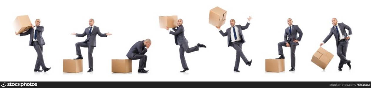 The businessman with box isolated on the white. Businessman with box isolated on the white