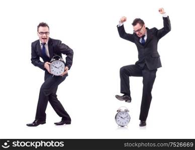 The businessman with clock isolated on white. Businessman with clock isolated on white