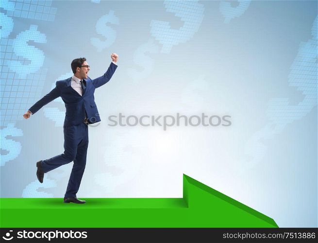 The businessman with dollar walking on arrow sign. Businessman with dollar walking on arrow sign