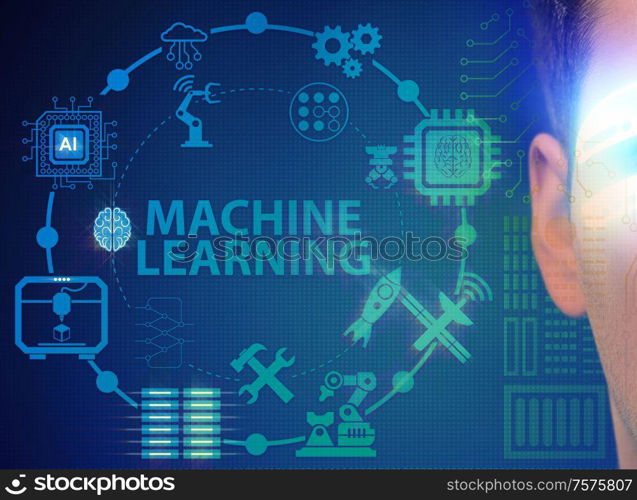 The businessman with futuristic glasses in machine learning concept. Businessman with futuristic glasses in machine learning concept