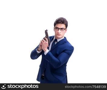 The businessman with gun isolated on white background. Businessman with gun isolated on white background