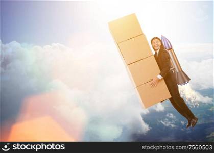 The businessman with jetpack delivering boxes globally. Businessman with jetpack delivering boxes globally