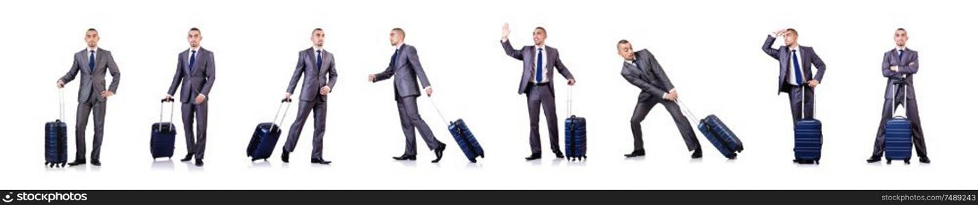 The businessman with luggage on white. Businessman with luggage on white