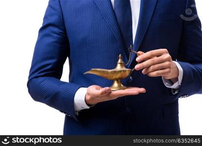 The businessman with magic lamp isolated on white. Businessman with magic lamp isolated on white
