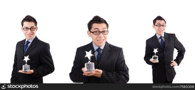 The businessman with star award isolated on white. Businessman with star award isolated on white