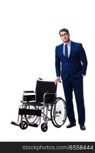 The businessman with wheelchair isolated on white background. Businessman with wheelchair isolated on white background