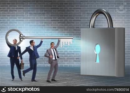 The businessmen unlocking new opportunity with key. Businessmen unlocking new opportunity with key
